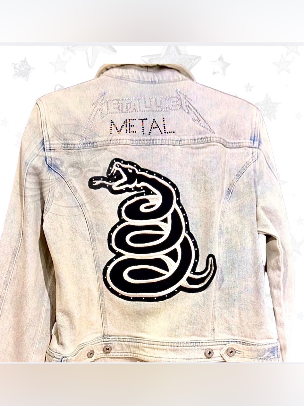 Metallica Jean Jacket. LIGHT WASH Denim Iconic Snake Patch w/handmade logo